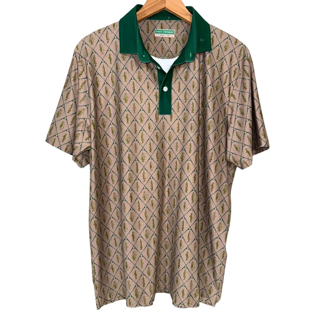 Fore Fathers Argyle Angler Tan Green Fishing Short Sleeve Performance Polo M